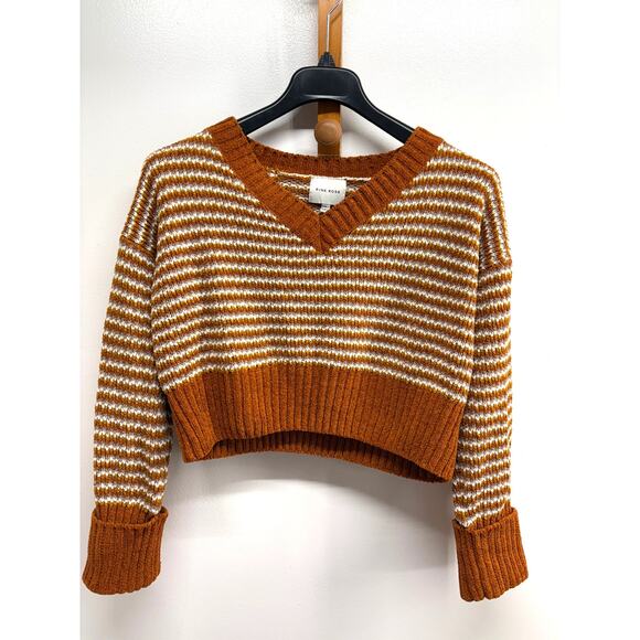 Pink Rose gold brown fuzzy knit cropped women’s sweater Large v-neck pullover - Picture 1 of 7